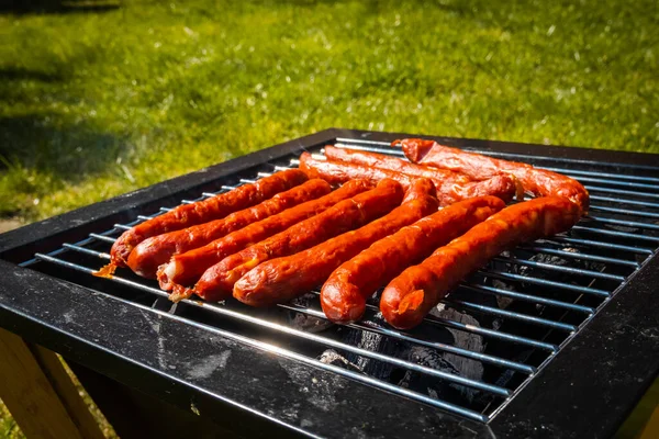 Würstchen Vom Grill Erholung Freien Tragbarer Grill — Stockfoto