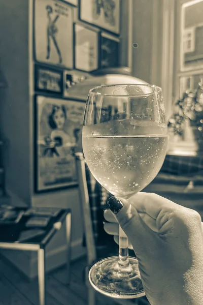 Ein Glas Wein Einem Schönen Skandinavischen Interieur — Stockfoto