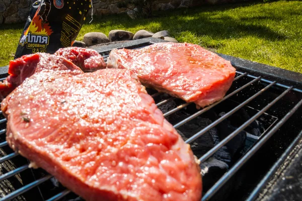 Steaks Grillen Campen Tragbarer Grill — Stockfoto