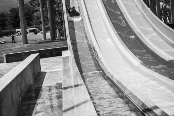 Boy Rides Slide Water Park — Stock Photo, Image