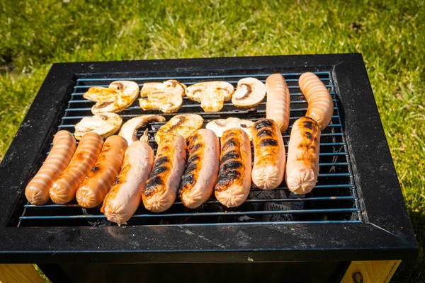 Sausages grilled, outdoor recreation. Portable barbecue