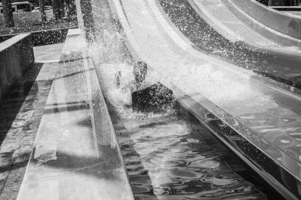 Boy Rides Slide Water Park — Stock Photo, Image