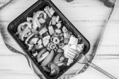 Beslenme çantasında sağlıklı yiyecekler, diyet konsepti.