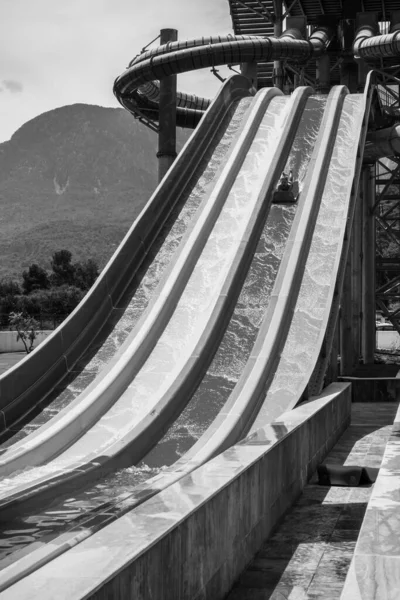 Boy Rides Slide Water Park — Stock Photo, Image