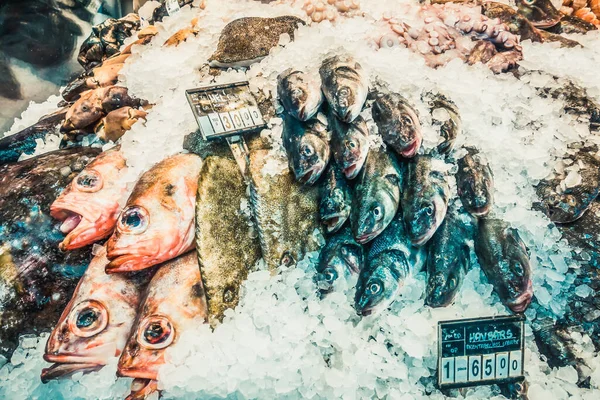 Pescado Fresco Mariscos Sobre Hielo Mercado —  Fotos de Stock