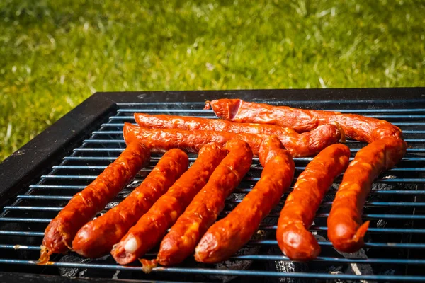 Enchidos Grelhados Recreação Livre Churrasco Portátil — Fotografia de Stock