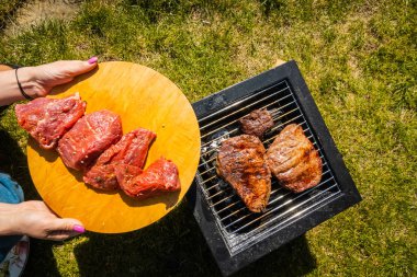 Izgara biftek, kamp. Taşınabilir ızgara