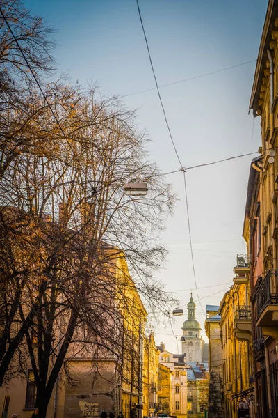 宏伟的冬季利沃夫建筑和街道 — 图库照片