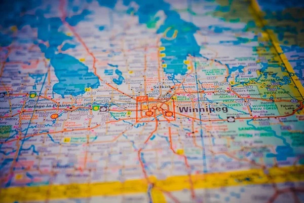 加拿大旅行地图上的温尼伯 — 图库照片