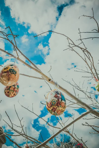 Uova Pasqua Rami Legno Sfondo Sul Tema Pasqua — Foto Stock