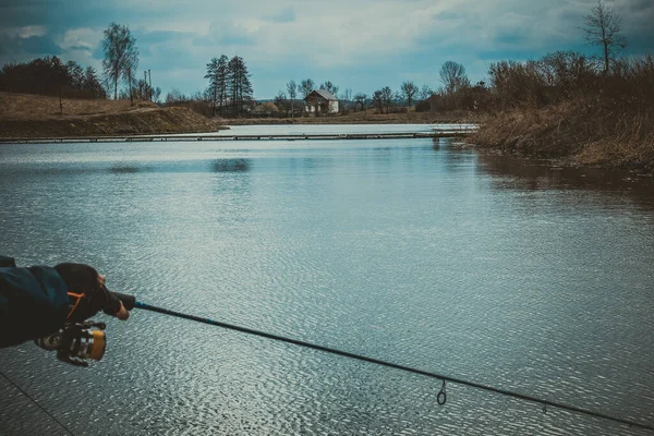 Риболовля Відкритому Повітрі Фоні Озера — стокове фото