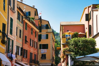 Colorful narrow street in an Italian coastal town with traditional houses, balconies, and outdoor terraces on a sunny summer day.