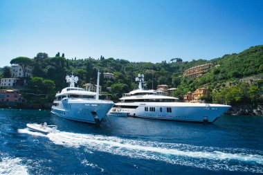 A luxury white yacht anchored near the coast of Portofino, Italy, with green hills and villas in the background.