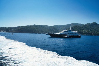A speedboat glides across the blue waters of the Ligurian Sea with hills and coastline in the background.