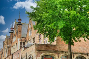Tarihi şehir merkezinde ortaçağ mimarisi, kaldırım taşı sokakları, gotik kuleler ve canlı çiçek sergilerinin yer aldığı Bruges, Belçika 'nın resimli manzarası.