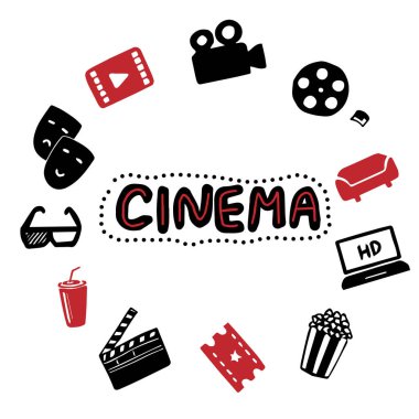 Vektör el sinema karikatür doodle nesneleri, semboller ve öğeleri seti çizilmiş. Düz çizimli yuvarlak kart çerçevesi kompozisyonu. Film ve film öğeleri. Kamera, 3d gözlük, patlamış mısır, kanepe