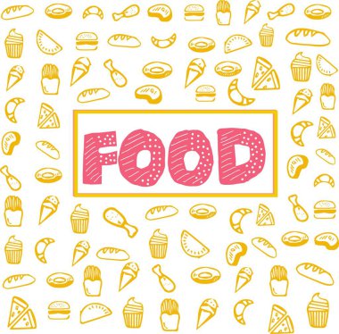 Yemek simgeleri ile kare kart. Yemek yazımı. Croissans, pizza, hamburger, patates kızartması, ekmek, kek, dondurma, fast food, tatlılar. Sarı ve pembe renkte. Beyaz fon.
