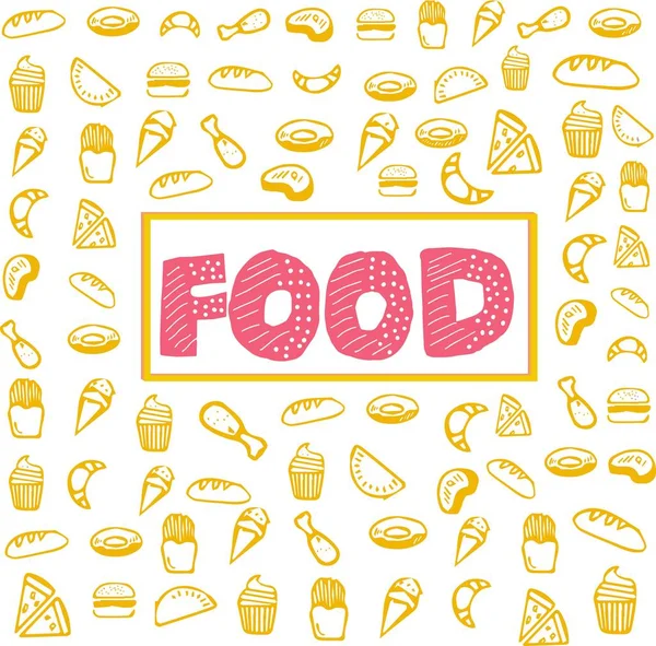 Yemek simgeleri ile kare kart. Yemek yazımı. Croissans, pizza, hamburger, patates kızartması, ekmek, kek, dondurma, fast food, tatlılar. Sarı ve pembe renkte. Beyaz fon.