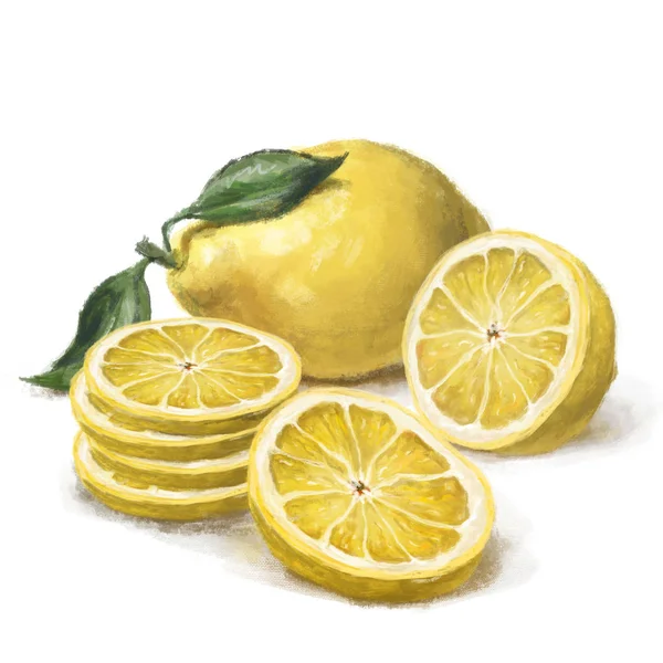 Цифрова Ілюстрація Лимона Листям Декількома Скибочками Лимона Білому Тлі — стокове фото