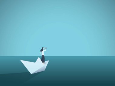 İş görme veya vizyoner vektör kavramı işkadını teleskop ile kağıt tekne ile. Kadın lideri, başarı, hırs, liderlik, geleceğin sembolü.