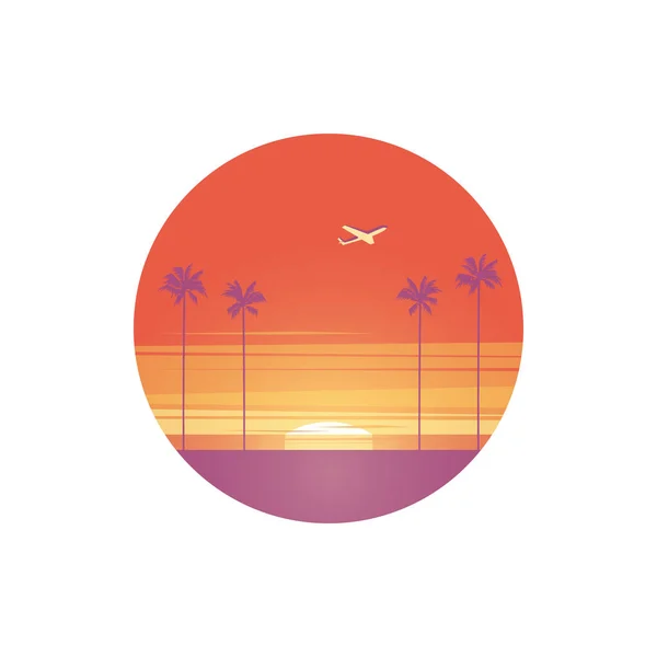 Vetor símbolo de verão com avião voando acima da praia com palmeiras ao pôr do sol . —  Vetores de Stock