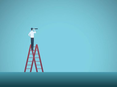 İş görme vektör kavramı merdiven üstünde duran iş adamı ile. Sembol vizyoner, zorlukları, kariyer ilerleme, büyüme, yeni fırsatlar.