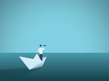 İş görme veya vizyoner vektör kavramı işkadını teleskop ile kağıt tekne ile. Kadın lideri, başarı, hırs, liderlik, geleceğin sembolü.