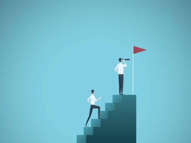 İş lideri ve vizyoner vektör kavramı. İş adamı ve onun takipçisi adımlar üzerinde. Hırs, liderlik, vizyon ve başarı sembolü.