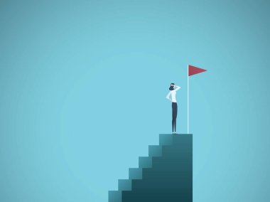 İş hırs ve başarı kavramı vektör. Hırslı ve başarılı iş adımları üstünde duran kadın. Motivasyon, meydan okuma, başarı sembolü.