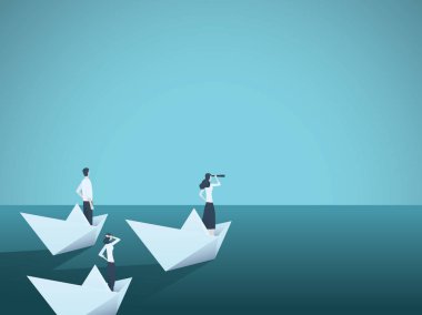 İş kadın lideri vektör kavramı işkadını takım lider kağıt tekne ile. Sembol eşitliği, kadın gücü, liderlik, vizyon.