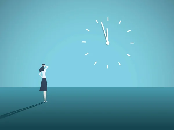 Concetto di business deadline vector con la donna d'affari che fissa un orologio sul muro. Simbolo di stress sul lavoro, pressione di gestione, burnout . — Vettoriale Stock