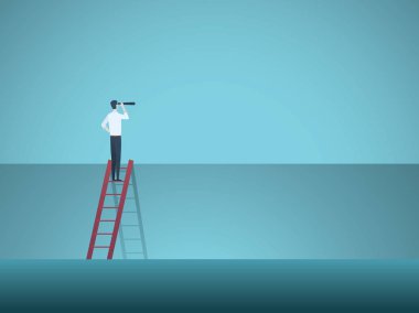 İş liderlik, vizyoner, kariyer vektör kavramı. Teleskop ile kurumsal merdiven üzerinde iş adamı. Yeni fırsatlar, vizyon, başarı, lider sembolü.