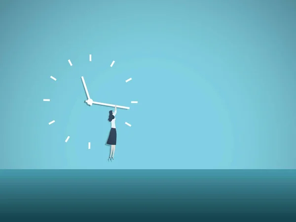 Times up vector movimiento concepto de ilustración con la mujer colgando en la esfera del reloj. Símbolo de progreso, igualdad de oportunidades, brecha salarial, cuestiones de género . — Vector de stock
