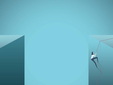 İş hırs ve motivasyon kavramı. Asla vazgeçmek, kararlılık, aspirasyon ve liderlik sembolü. Bir uçurumun üzerinde çıkarken kadın.