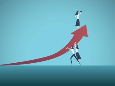 İş takım çalışması vektör kavramı. Hepsi dişi ekip birlikte çalışma. Hareketi, kadın iş, başarı, liderlik, vizyon kez sembolü.