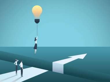 İş yaratıcılık vektör kavramı ampul ile uçan kadınla. Yaratıcı çözüm, atılım, yenilik, meydan sembolü.