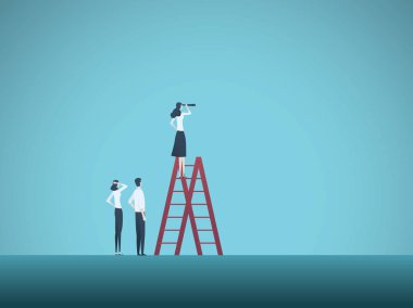 İş kadını vizyoner ve takım lideri vektör kavramı. Liderlik, ekip çalışması, vizyon, fırsatları sembolü.
