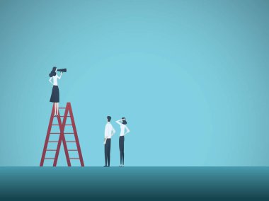 İş kadın lideri vektör kavramı. İşkadını ekibine megafon ile konuşma. Liderlik, yönetim, motivasyon, takım lideri sembolü.