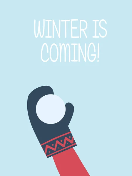 Ο χειμώνας έρχεται διάνυσμα πρότυπο κάρτας. Χέρι με γάντι ρίψη χιονοστιβάδας. Σύμβολο της ευτυχίας, χαράς, playfulness. — Διανυσματικό Αρχείο