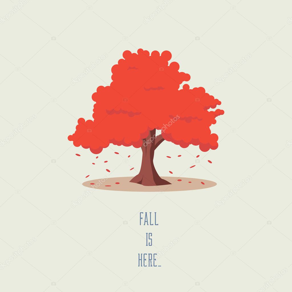 Tree in fall or autumn vector landscape. Seasonal symbol with leaves falling, beautiful cartoon artwork.