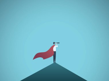 İş süper kahraman vektör kavramı ile işadamı tepenin üstünde. İş liderlik, başarı, başarı ve vizyon sembolü.