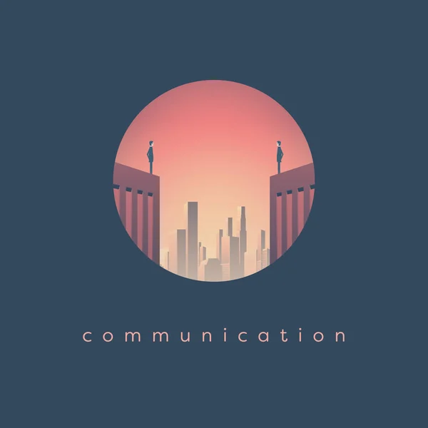 Geschäftskommunikationsvektorkonzept mit zwei Geschäftsleuten, die auf Wolkenkratzern mit städtischem Hintergrund stehen. — Stockvektor