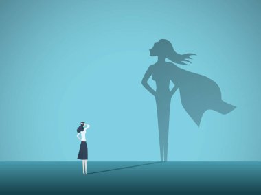 Süper kahraman gölge vektör konsepti ile iş kadını. İş sembolü kurtuluşu, hırs, başarı, motivasyon, liderlik, cesaret ve meydan okuma.