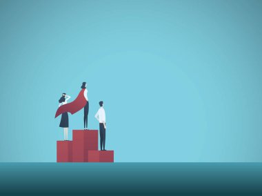 İş kadını kazanan vektör kavramı. İşkadını podyum süper kahraman pelerin ile bitirmek. Başarı, başarı, hırs sembolü.