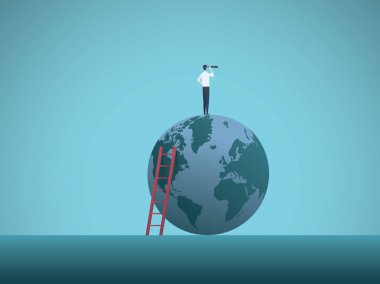 İş görme vektör kavramı ile işadamı teleskopla bakarak Dünya üzerinde duruyor. Geleceğin sembolü, meydan okuma, fırsat, yeni hedefler ve liderlik.