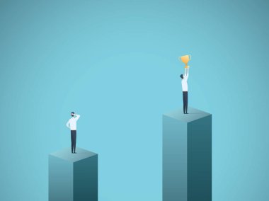 İş kazanan ve başarı vektör kavramı ile işadamı bir fincan ile başarı kutluyor. Zafer, büyüme, liderlik sembolü.