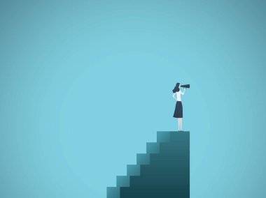 İş kadın lideri vektör kavramı. Merdiven üzerine teleskopu ile ayakta işkadını. İş görme, liderlik, başarı sembolü.
