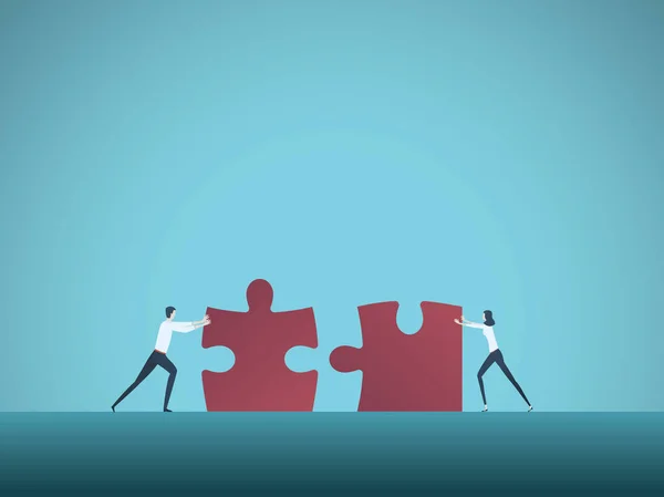 Business teamwork vector concept with businessman and businesswoman pushing jigsaw puzzles together. Symbol of cooperation, collaboration, technology, success.