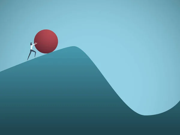 Geschäftsfrau schiebt Felsbrocken bergauf Vektorkonzept des Sisyphus. Symbol für harte Arbeit, vergebliche Anstrengungen, Stärke, Kampf, Herausforderung, aber auch Motivation und Ehrgeiz. — Stockvektor
