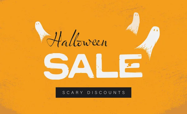 Halloween vendita banner vettoriale o modello poster con fantasmi su sfondo arancione. Offerte speciali, sconti, promozioni e pubblicità . — Vettoriale Stock